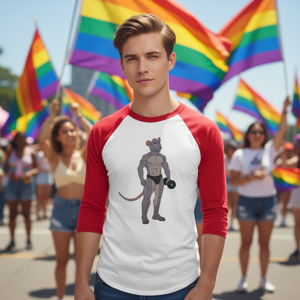Gay Gym Rat 3/4 sleeve raglan shirt, cotton blend, with a buff cartoon rat holding a dumbbell