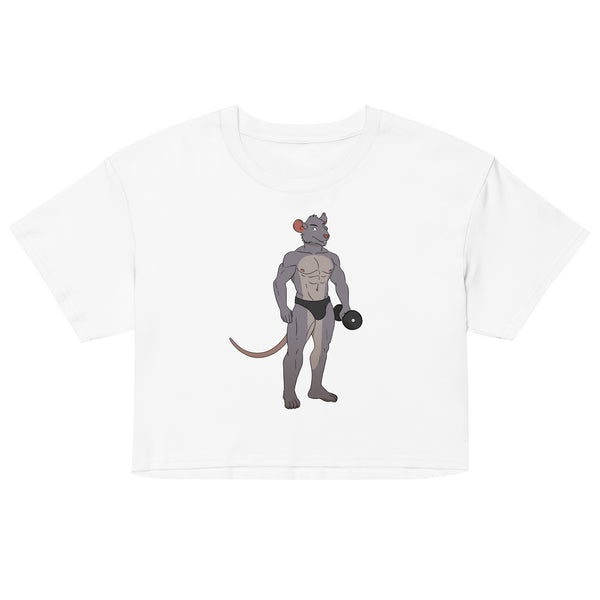 Front view of a white crop top with a muscular cartoon rat lifting a dumbbell