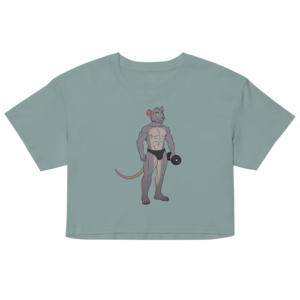 Front-view sage green T-shirt with a muscular cartoon rat lifting a dumbbell