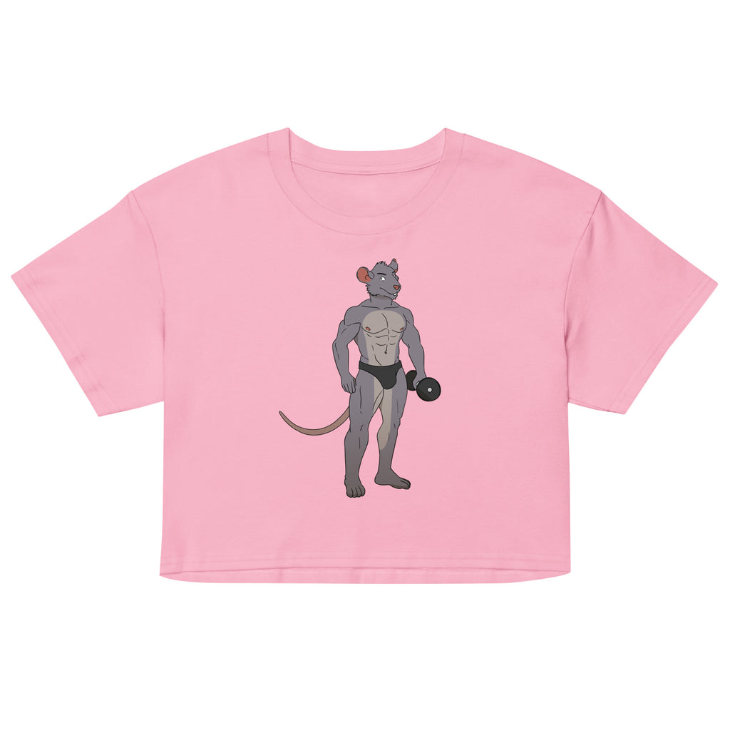 Front-facing pink crop top featuring a muscular cartoon mouse lifting a dumbbell