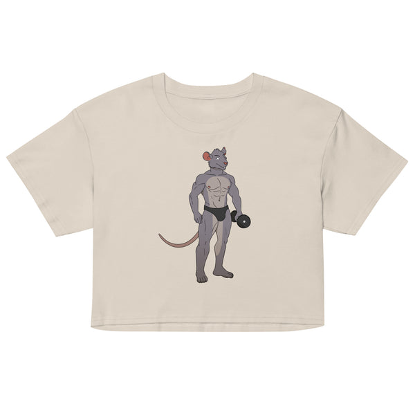 Front view of a cream crop top with a muscular anthropomorphic rat lifting a dumbbell