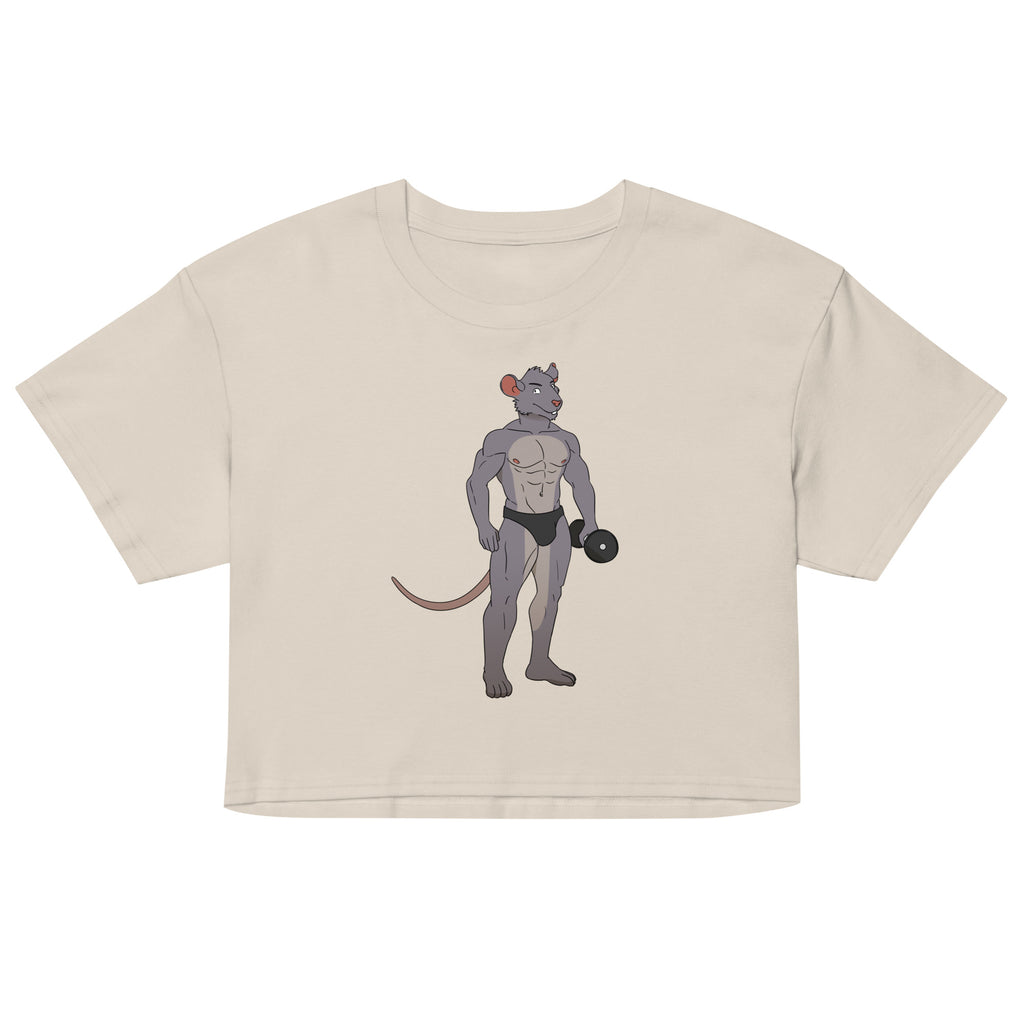 Front view of a cream crop top with a muscular anthropomorphic rat lifting a dumbbell