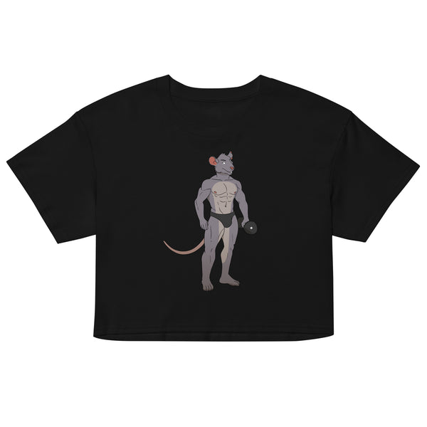 Front view of a black crop top with a muscular anthropomorphic mouse lifting a dumbbell
