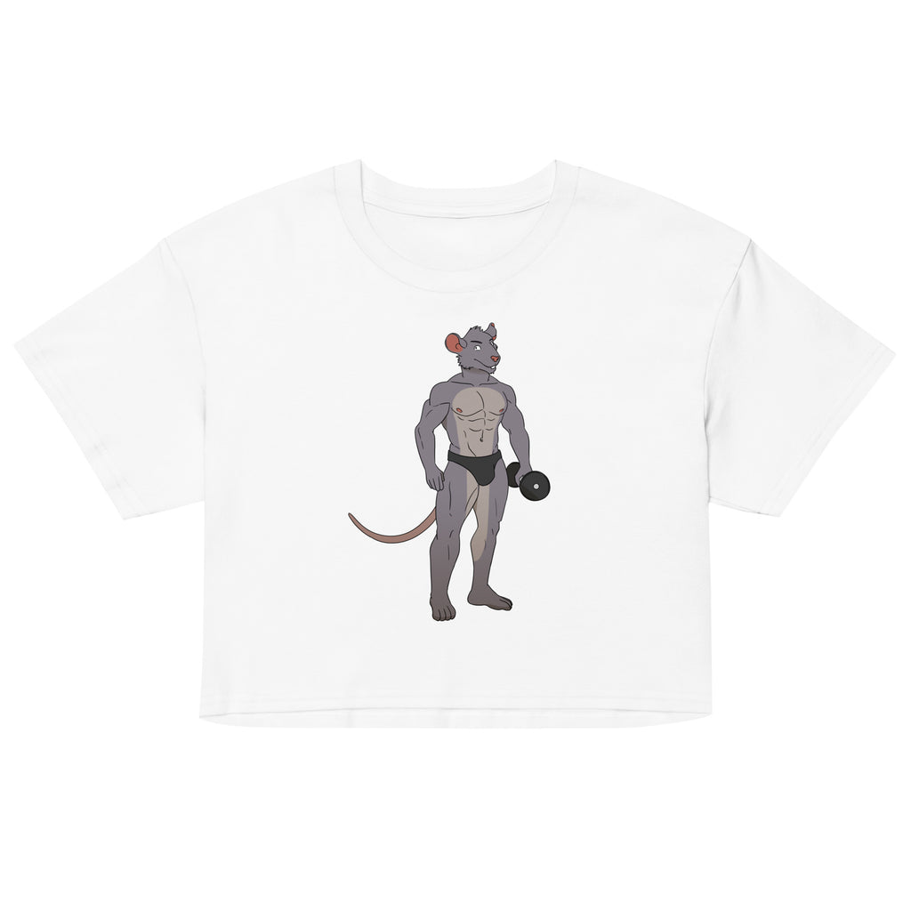 Front view of a white crop top with a muscular cartoon rat lifting a dumbbell