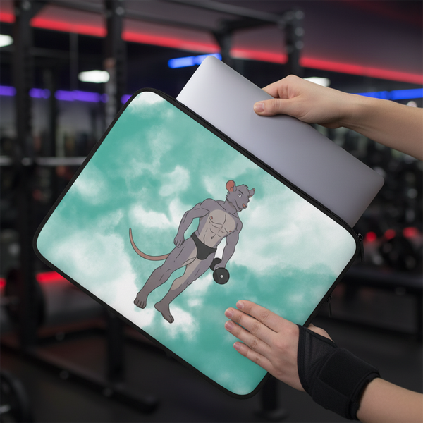 Gay Gym Rat Laptop Sleeve with a buff mouse in black shorts lifting a dumbbell, on cloudy teal, gym blur behind.