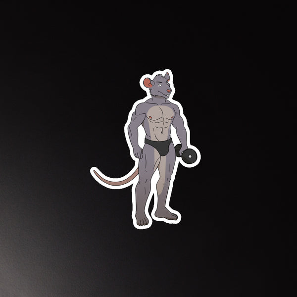Front-facing muscular anthropomorphic rat in black briefs holding a dumbbell