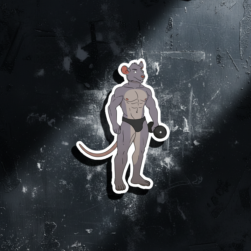 Vinyl magnet of a confident, muscular anthropomorphic rat in black briefs, holding a weight on a dark background