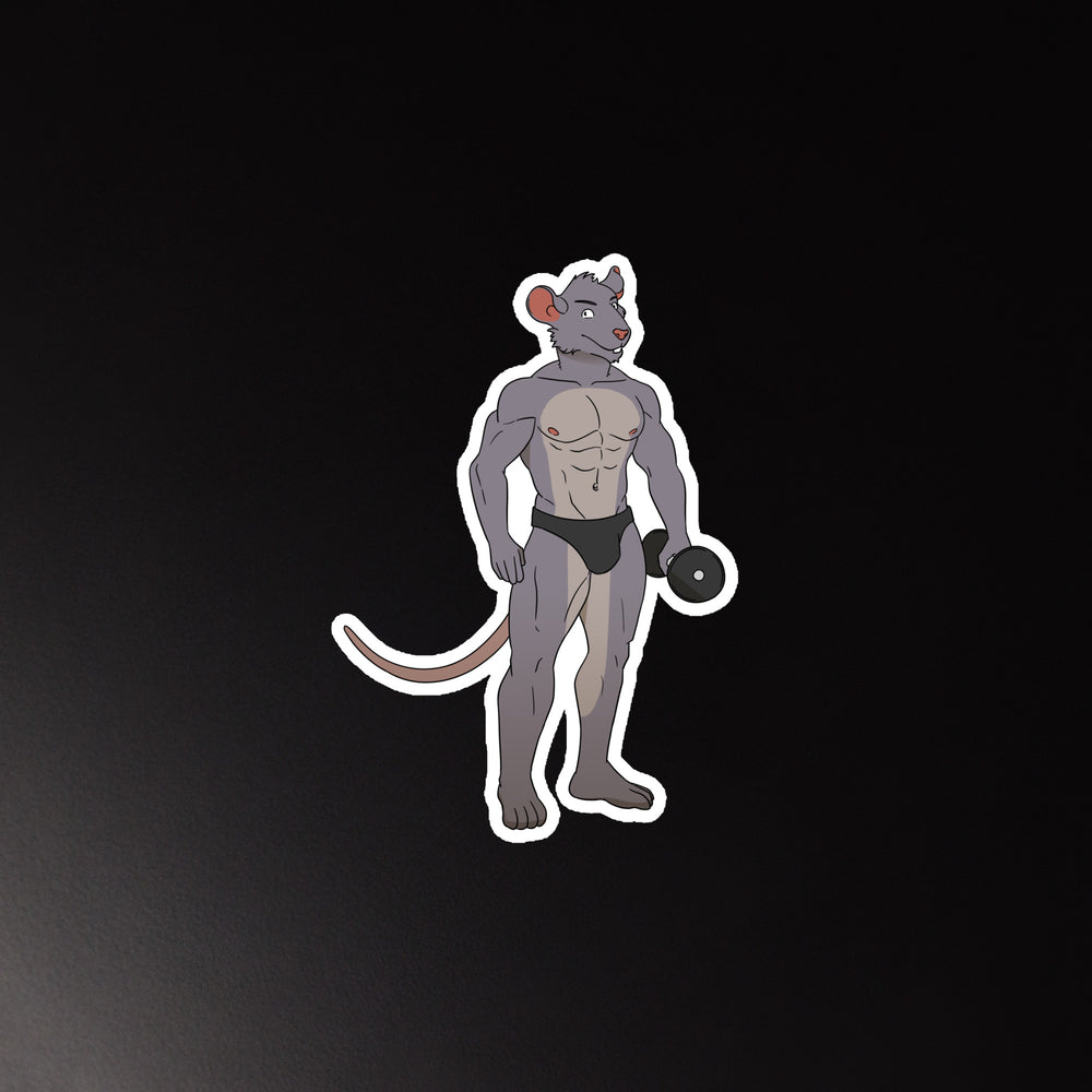 Front-facing muscular anthropomorphic rat in black briefs holding a dumbbell