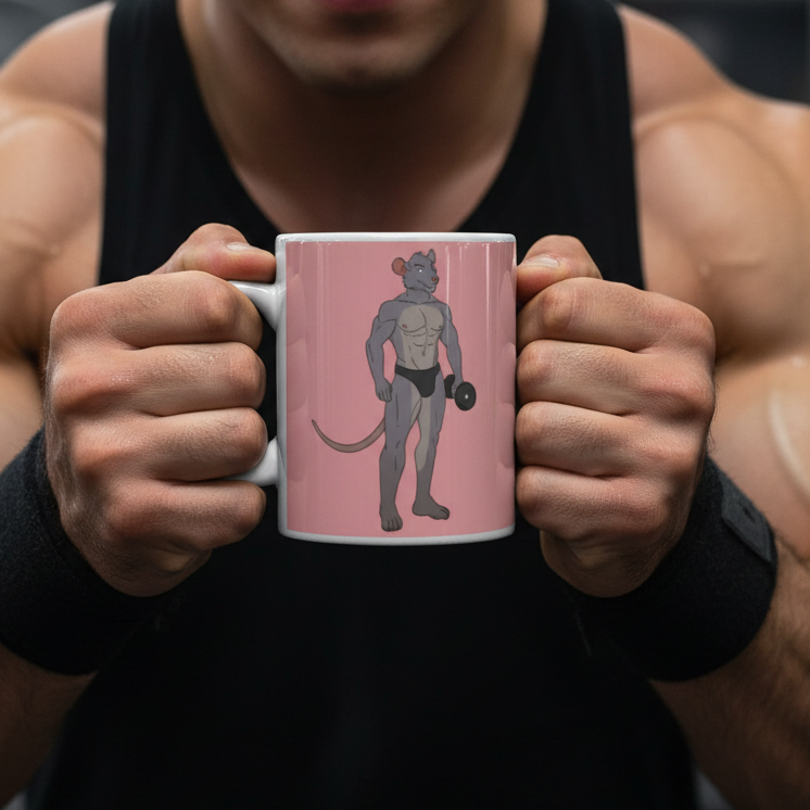 Person in a black tank top holds a pink mug showing a muscular rat in black briefs