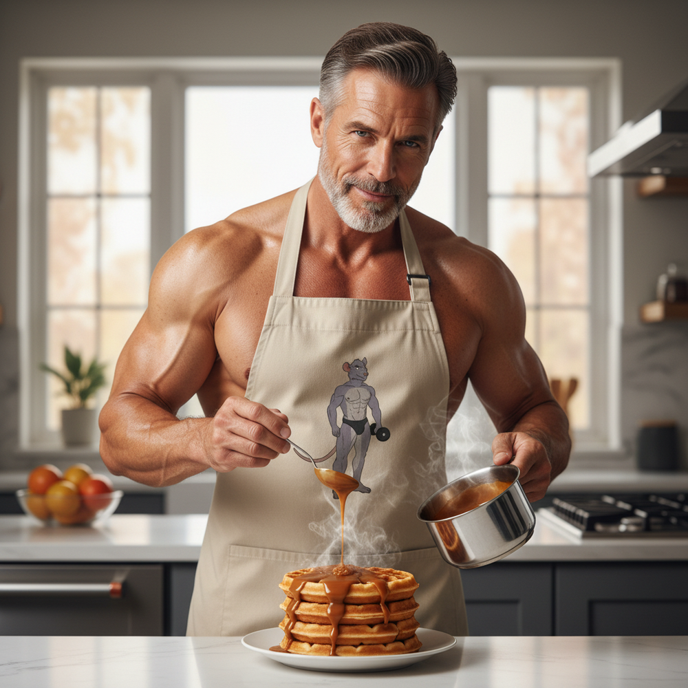 Muscular person wearing a beige apron with a cartoon gym rat, pouring syrup onto pancakes
