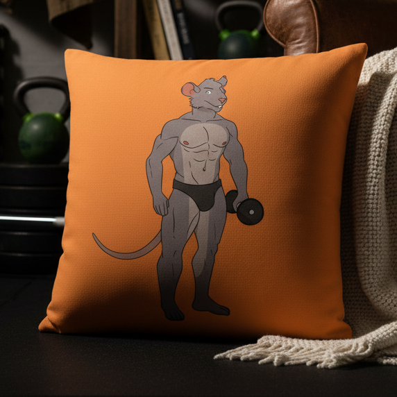 Orange pillow with cartoon of muscular mouse in black briefs lifting a dumbbell; fun queer gym-themed decor for LGBTQ+ homes.