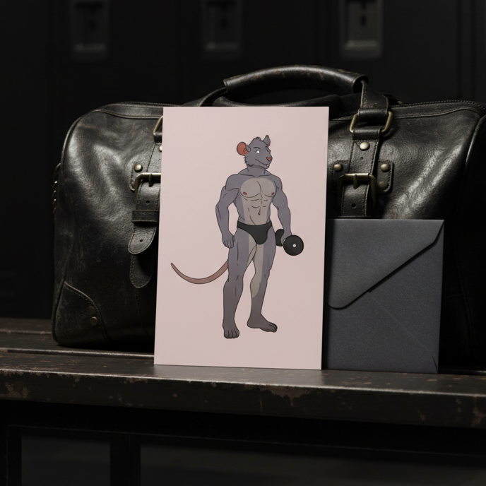 Pink postcard with a muscular gray mouse in black briefs lifting a dumbbell, propped against a leather duffel and envelope