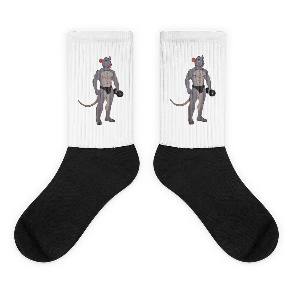 Pair of black-and-white crew socks with muscular cartoon rats lifting dumbbells