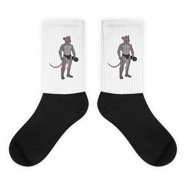 Pair of black-and-white crew socks with muscular cartoon rats lifting dumbbells