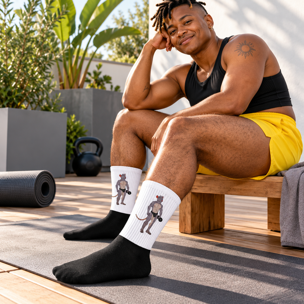 Gay Gym Rat Socks worn without shoes with the original side artwork visible