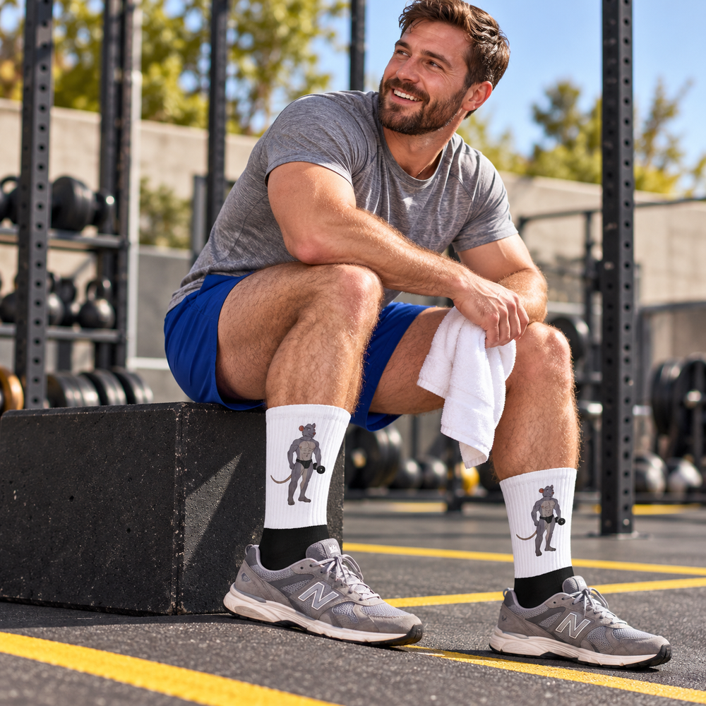 Gay Gym Rat Socks worn with grey training sneakers with the original side artwork visible
