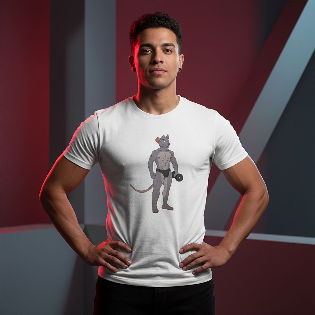 Gay Gym Rat T-Shirt in soft cotton, bold red and gray tones, features a buff cartoon mouse lifting weights