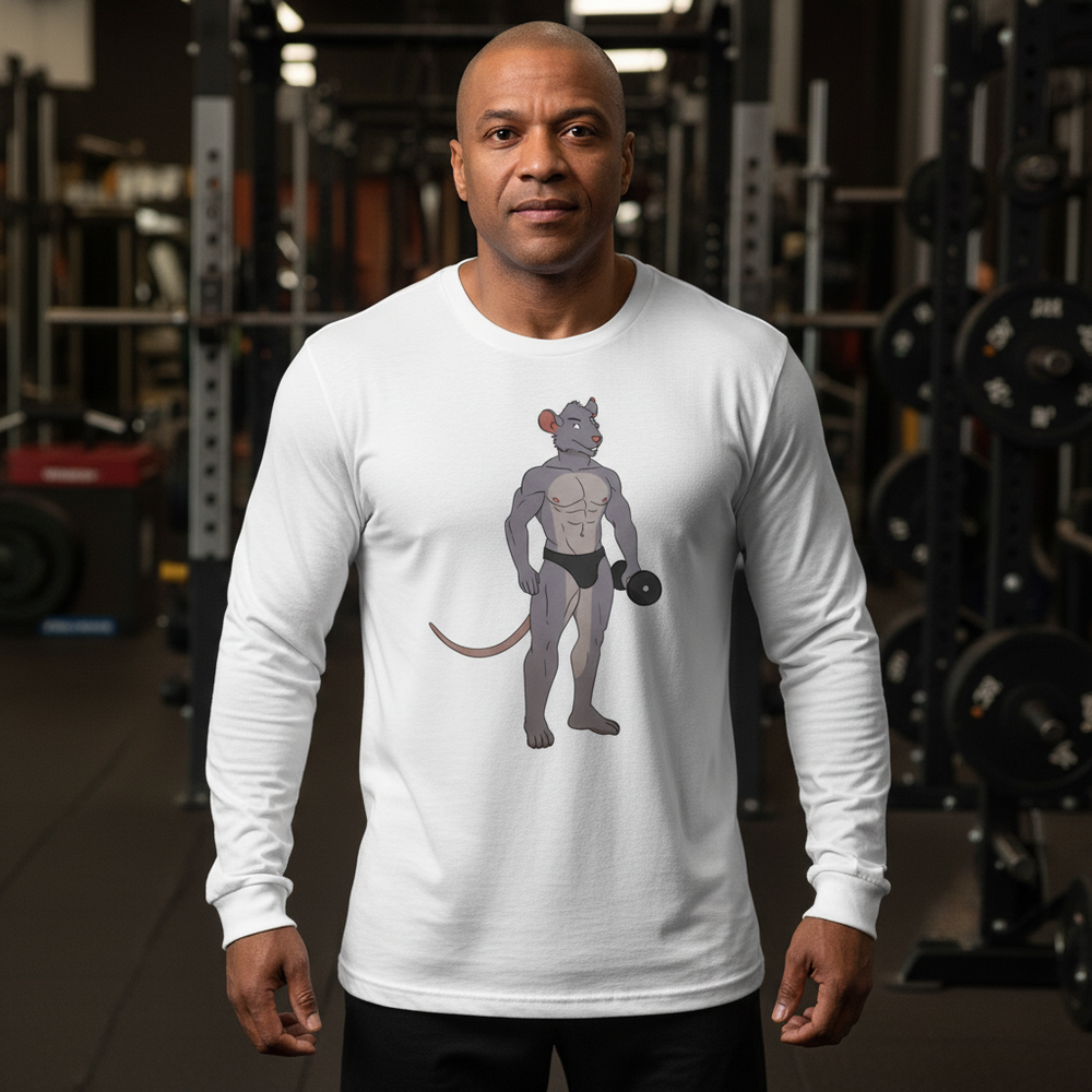 Gay Gym Rat Unisex Long Sleeve T-Shirt, featuring a cartoon muscle mouse with dumbbell