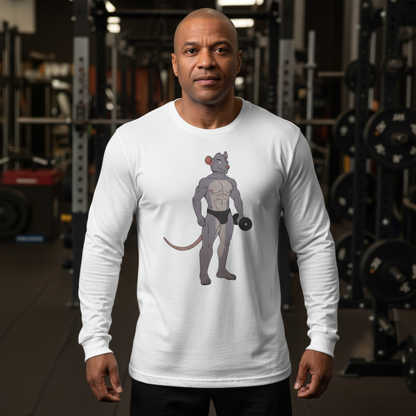 Gay Gym Rat Unisex Long Sleeve T-Shirt, featuring a cartoon muscle mouse with dumbbell