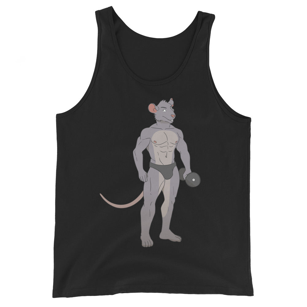 Gay Gym Rat Unisex Tank Top shows a buff anthro rat in briefs, grey and beige fur, pink tail and ears, lifting a dumbbell.