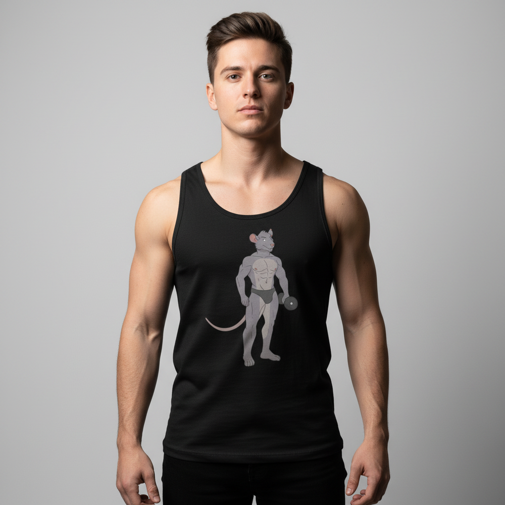 Gay Gym Rat Unisex Tank Top in gray with a muscle cartoon mouse and dumbbell