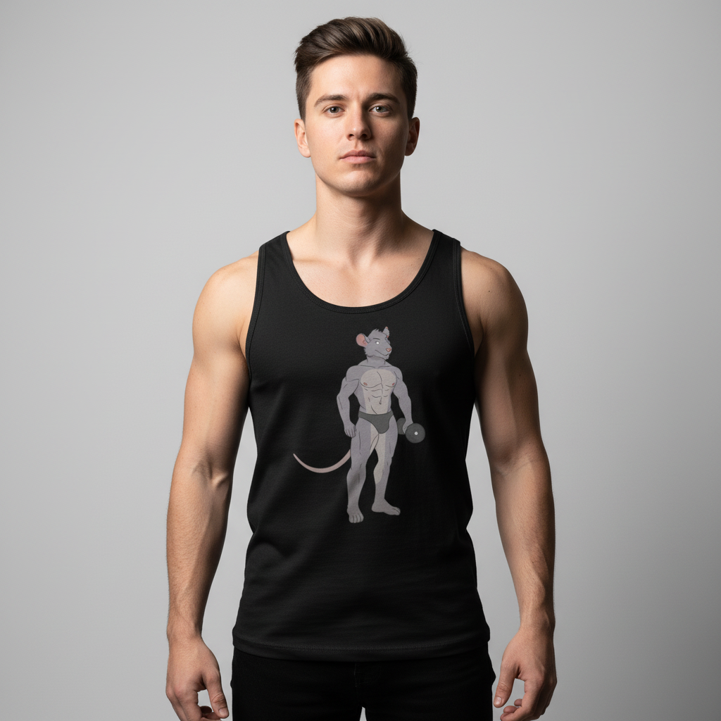 Gay Gym Rat Unisex Tank Top in gray with a muscle cartoon mouse and dumbbell