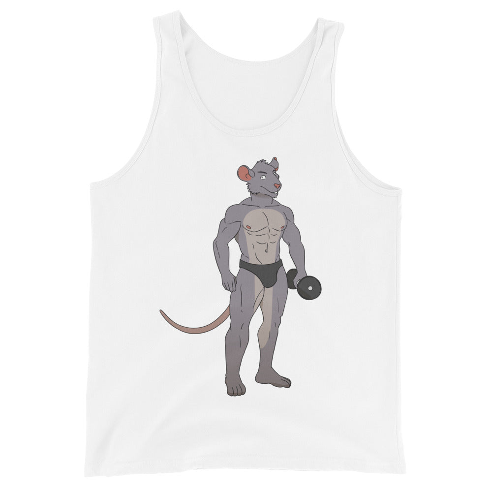 Unisex tank top with a cartoon buff gray rat in black briefs, rocking a dumbbell and confident queer gym vibes.