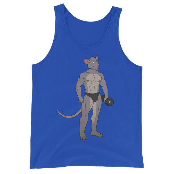Unisex royal blue LGBTQ tank top with a gray rat in black shorts lifting a dumbbell—queer gymwear for Pride or workouts.