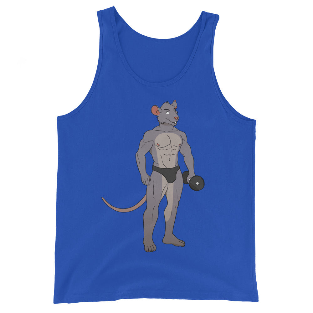 Unisex royal blue LGBTQ tank top with a gray rat in black shorts lifting a dumbbell—queer gymwear for Pride or workouts.