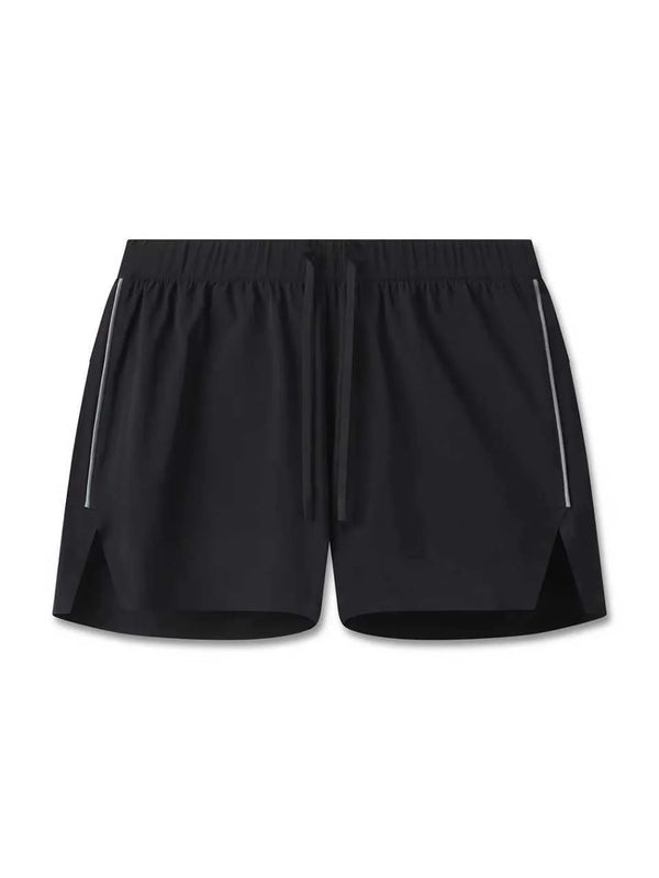 Black athletic shorts shown flat with reflective side stripes and elastic waistband