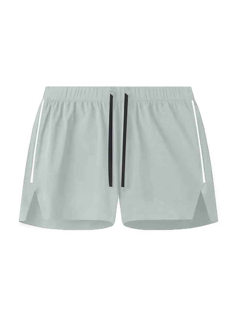 Light gray athletic shorts with black drawstrings, white side stripes, and split side hems
