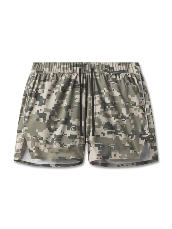 Front view of gray digital camouflage gym shorts with drawstring and side pockets