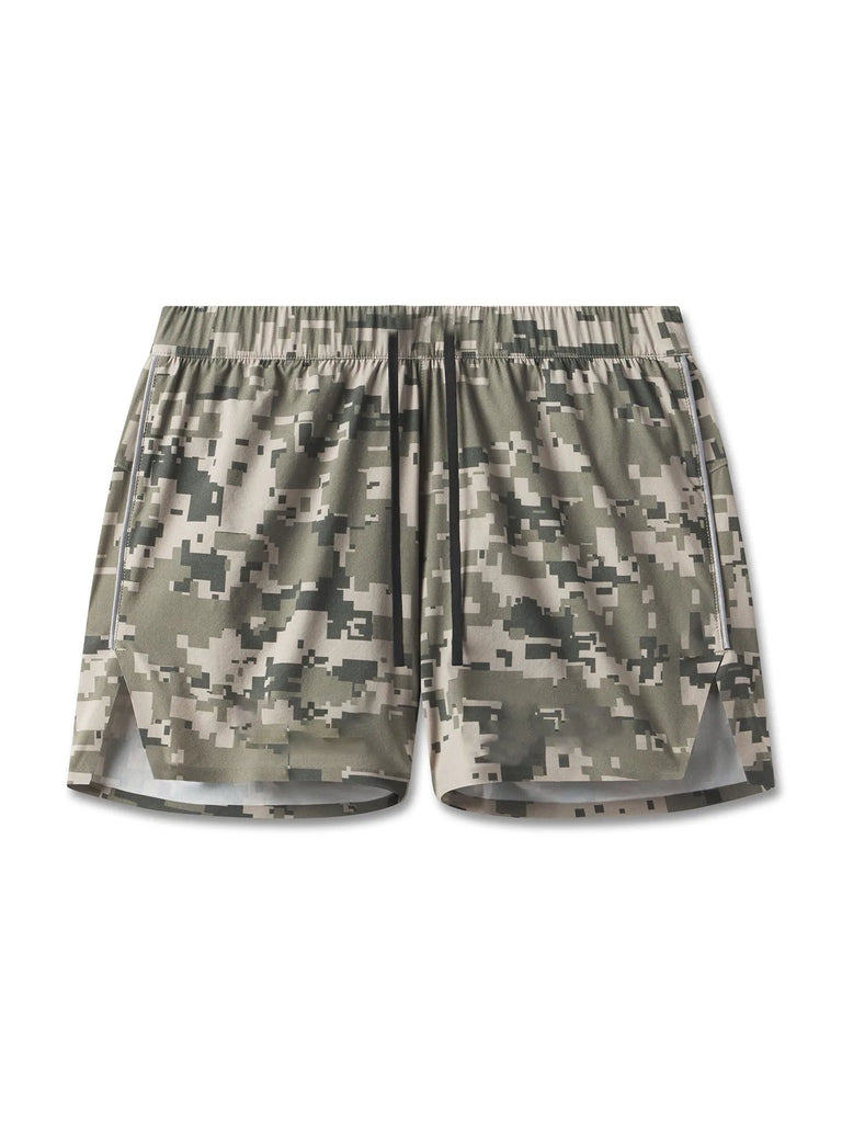 Front view of gray digital camouflage gym shorts with drawstring and side pockets