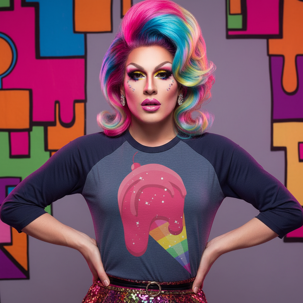 Gay Icecream 3/4 Sleeve Raglan Shirt styled with a rainbow sequin skirt; person with rainbow hair, bold makeup