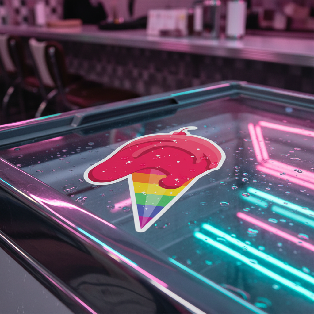 Bubble-free sticker shows melting pink ice cream in a rainbow cone, on glossy vinyl