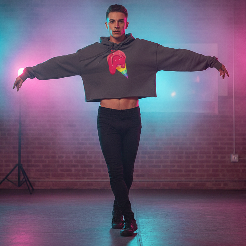 Gay Icecream Crop Hoodie with vibrant ice cream graphic, worn with black pants and boots in a pink-blue lit dance studio.