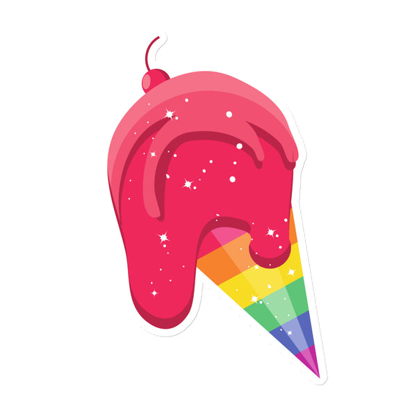 Illustrated pink melting ice cream with a cherry and rainbow-striped cone, shown on white
