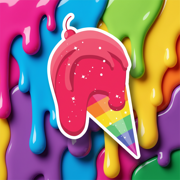 Gay Ice Cream Magnet: melting pink ice cream with sparkles, rainbow-striped cone, on bright glossy dripping paint