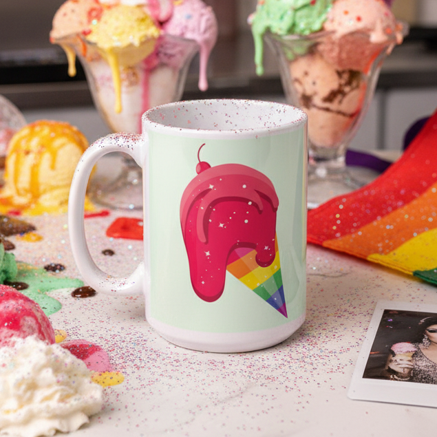 Mint-green mug with a pink melting scoop over a rainbow-striped cone, surrounded by ice cream