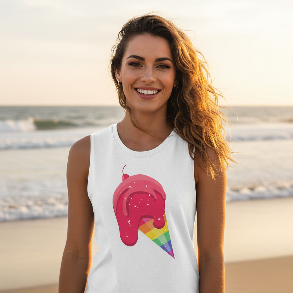 Gay Icecream Muscle Top: white, relaxed fit muscle tee with melting pink rainbow ice cream cone