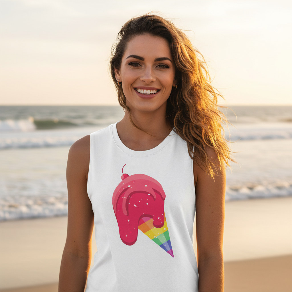Gay Icecream Muscle Top: white, relaxed fit muscle tee with melting pink rainbow ice cream cone