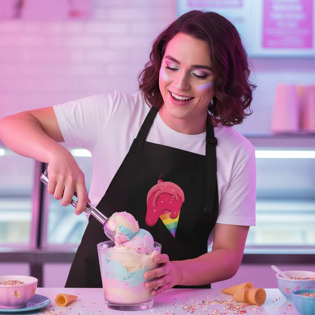 Person scooping pastel ice cream while wearing a black apron with a rainbow ice-cream-cone graphic