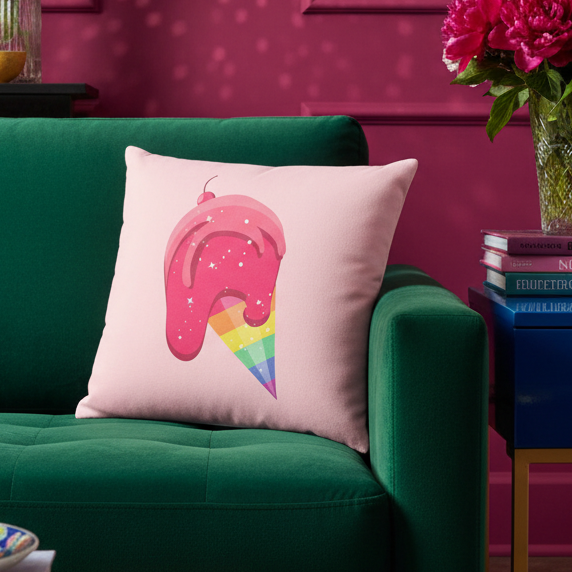 Gay Icecream Pillow with pink melting ice cream and rainbow cone on green couch, surrounded by colorful books, pink flowers