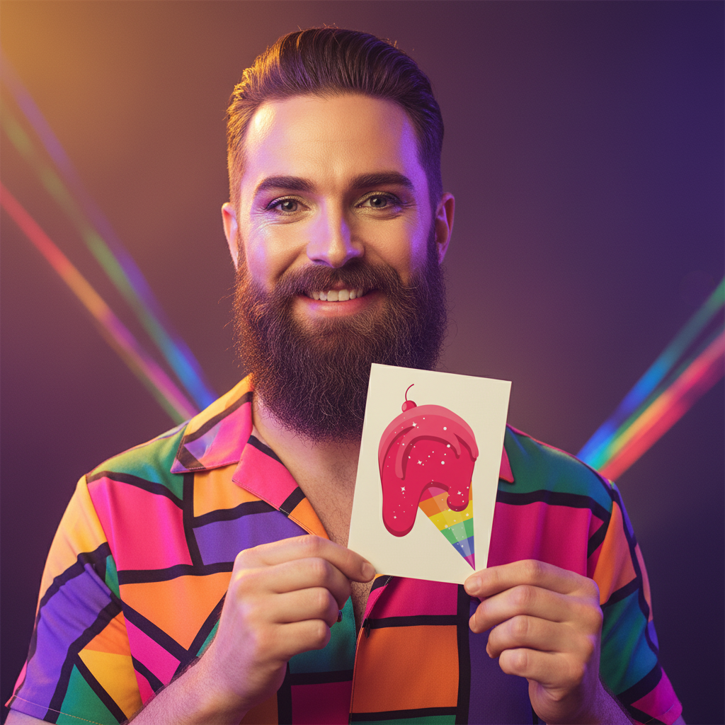 Gay Icecream Postcard featuring melting red lips and rainbow ice cream cone