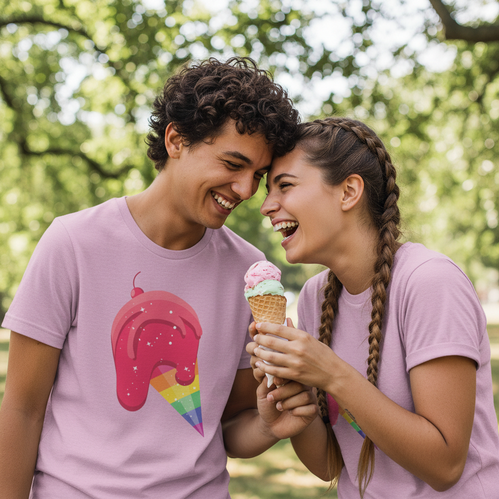 Matching Gay Icecream T-Shirts with rainbow ice cream graphic worn