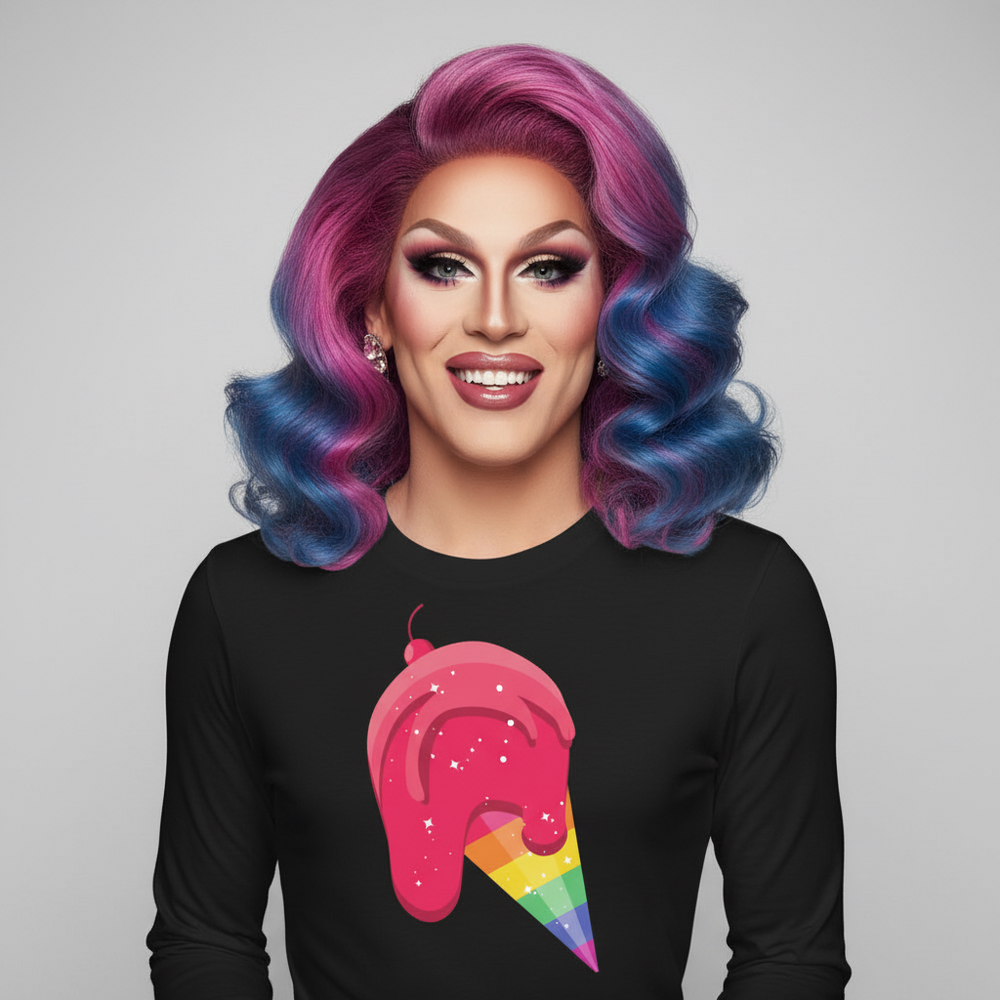 Long sleeve unisex tee with a rainbow-striped dripping ice cream cone