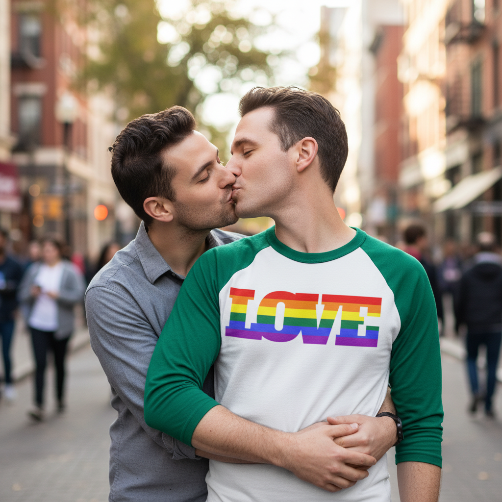 Gay Love 3/4 Sleeve Raglan Shirt with rainbow "LOVE" text worn by one person kissing another in a city street