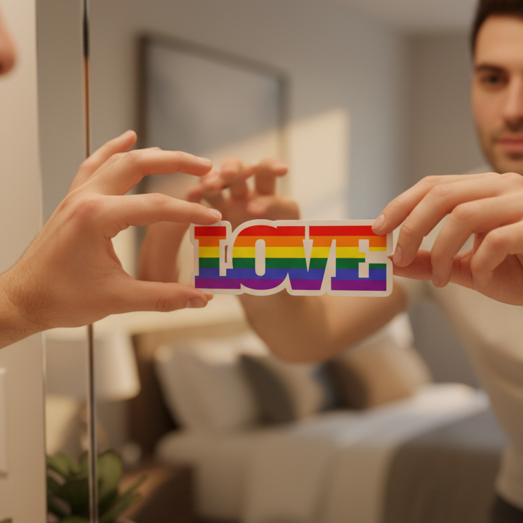 Gay Love Bubble-Free Sticker with bold rainbow-striped "LOVE" held by a person