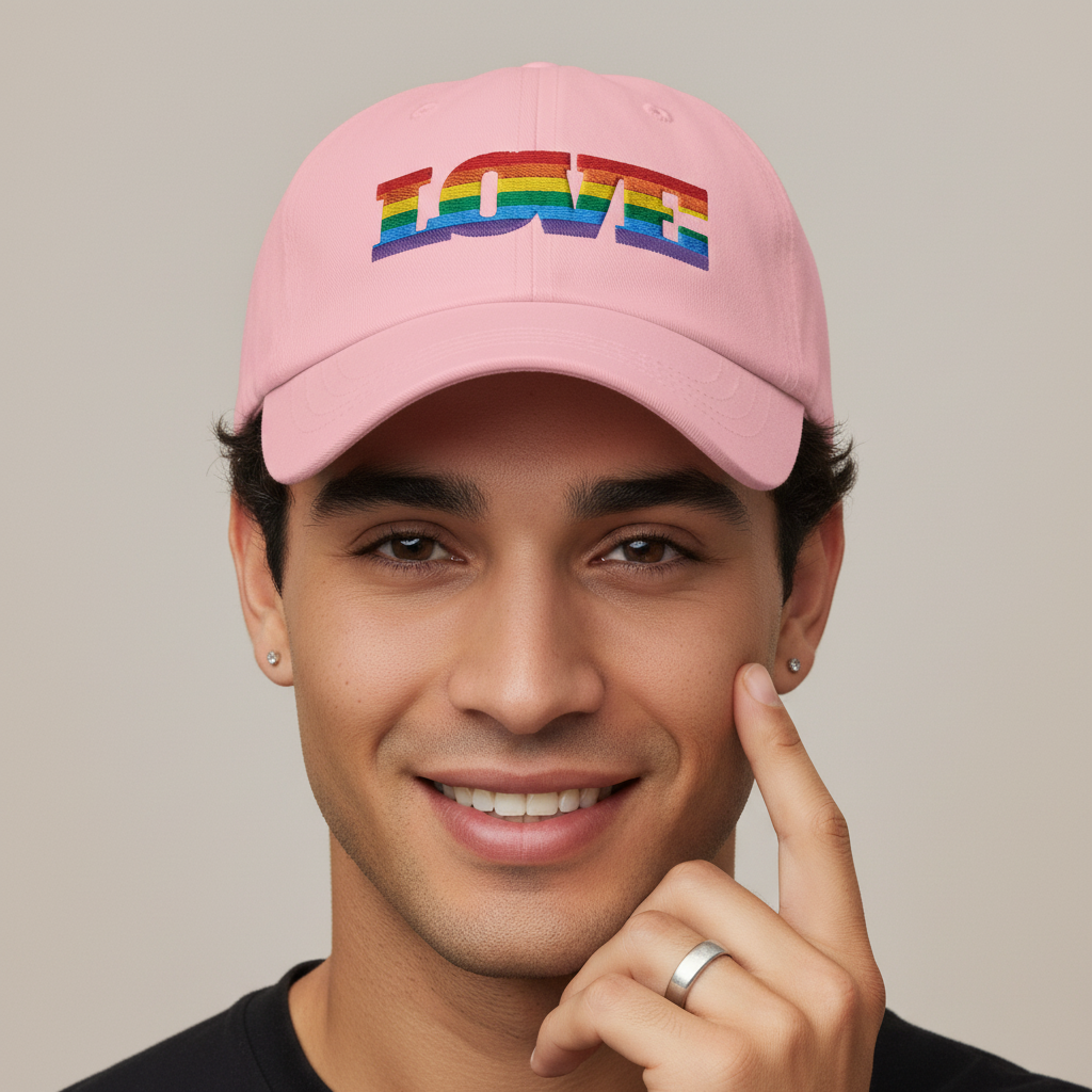 Pink pride cap with "LOVE" stitched in rainbow colors, worn by a smiling person with short hair, earrings, and silver ring