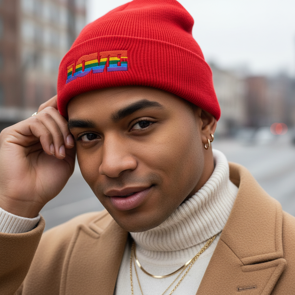 Gay Love Cuffed Beanie with rainbow "LOVE" patch pops against a beige coat and white turtleneck